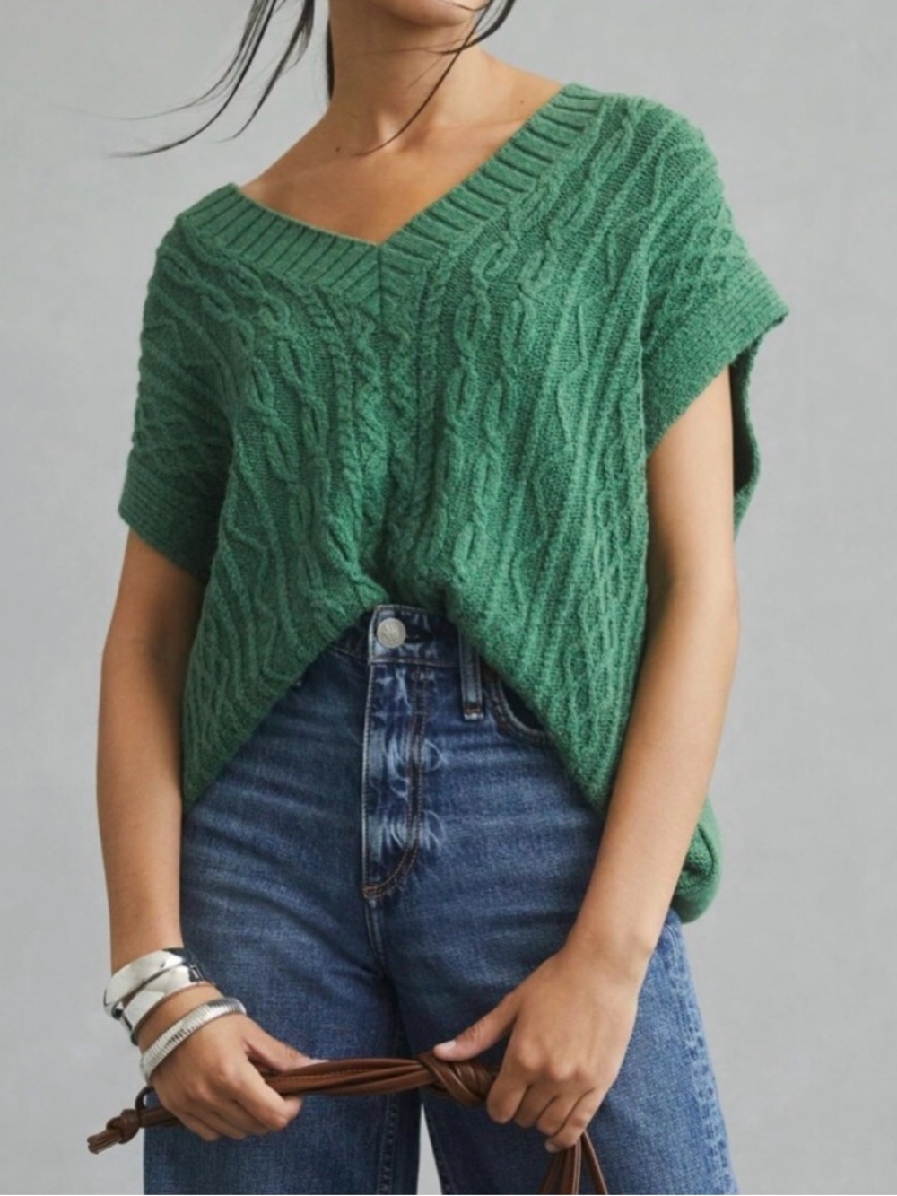Anthropologie Oversized Cable-Knit V-Neck Sweater Vest Size XS Preppy Academia